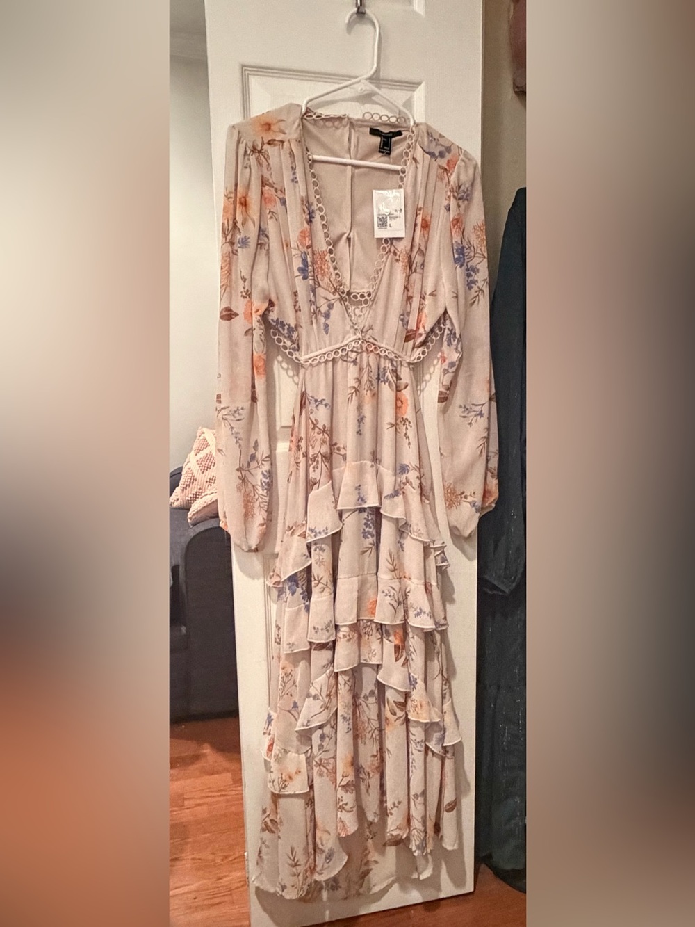Forever 21 Floral Ruffle Tiered Maxi Dress - Beige with Blue & Peach Accents